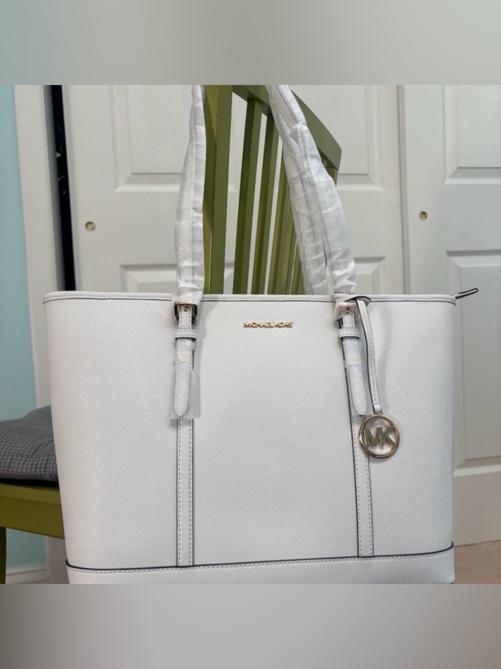 Michael Kors White Leather Saffiano Tote with MK Charm